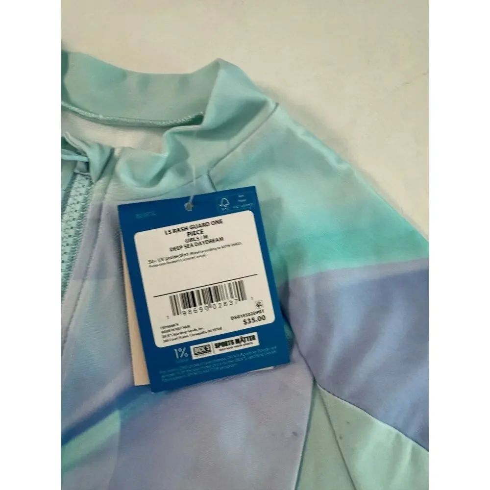 DSG Girls 1/4 Zip Rash Guard One Piece Swimsuit Deep Sea Dream Medium NWT